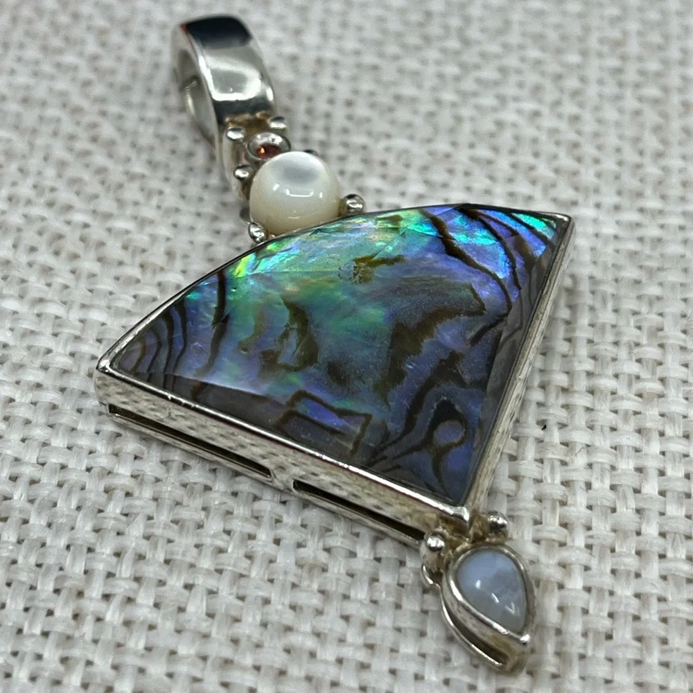 ✨ Abalone Shell & Gemstone Pendant – Sterling Silver Vintage Design - Picture 10 of 17